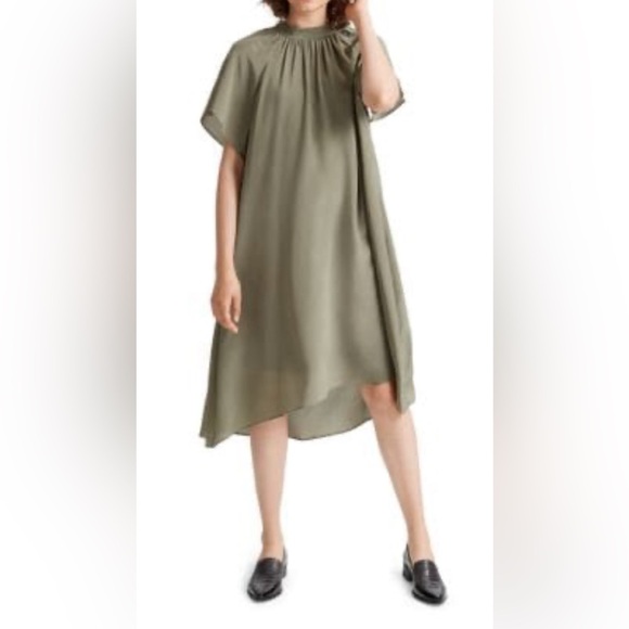 Club Monaco Olive Green Flutter Sleeve Silk Dress summer outfit  tie neck - Picture 1 of 16